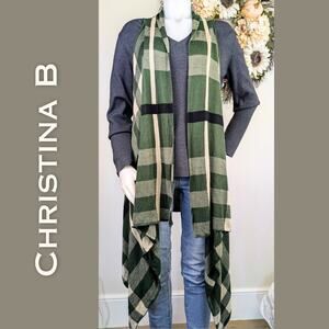 Christina B Tunic Sweater Medium Waterfall Sleeveless Green Black Check Plaid